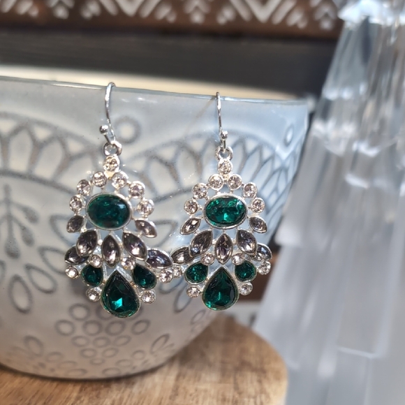 Sparkling Silver and Green Crystal Earrings - Picture 2 of 4